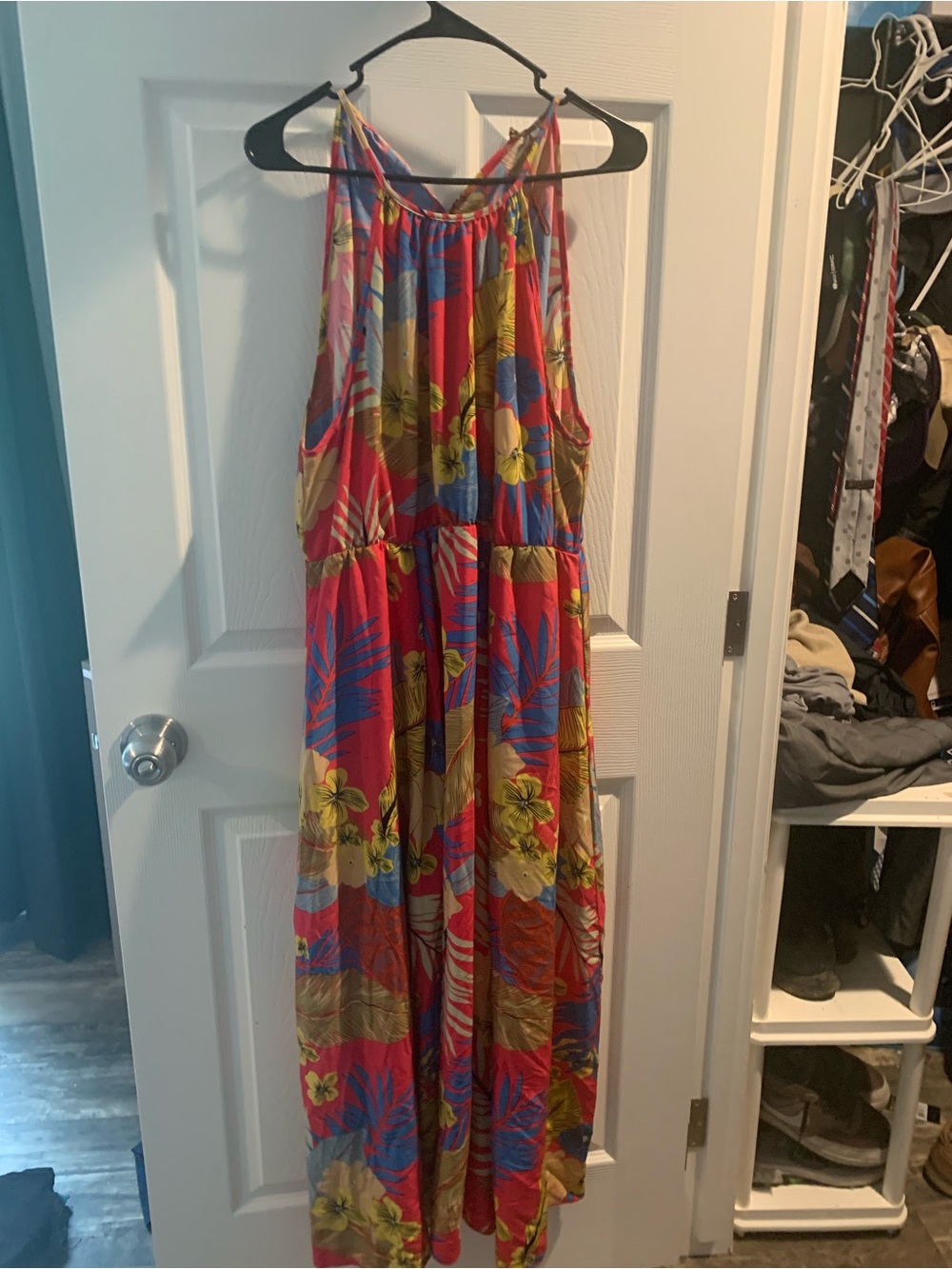Tropical Halter Maxi Dress in Coral, Blue & Mustard